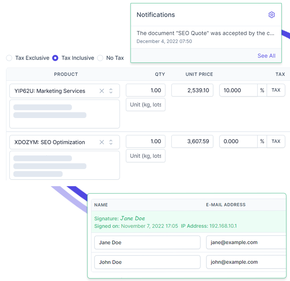 Quote Pricing Table With Signature